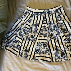 Navy and White Floral Pattern Fit and Flare Mini Skirt